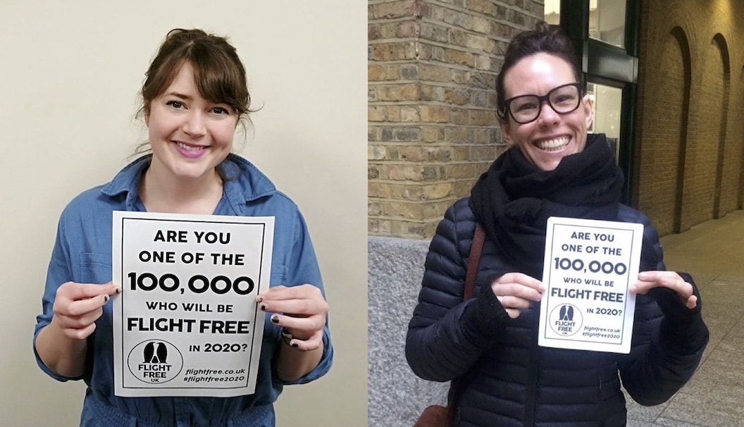 Helen Coffey and Steph Parker are shown here both holding pieces of paper with Flight Free 2020 pledges on them, they are both smiling. 