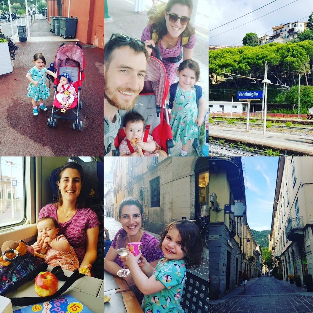 Picture shows a collage of pictures of Sandy and her small children on their travels. Some pictures are of the family on trains, others include eating at cafes and exploring cities. 